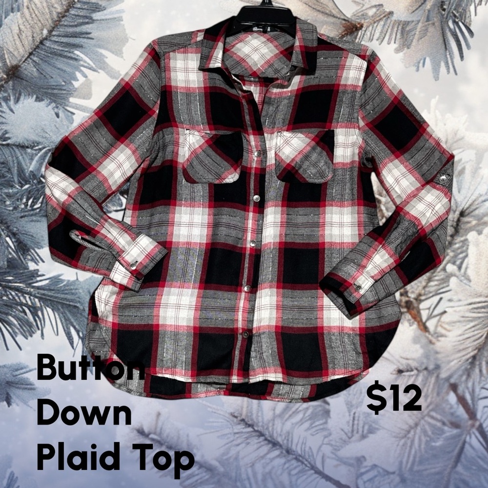 Rock & Republic Women's Long Sleeve Button Down Shirt Plaid Red Black White